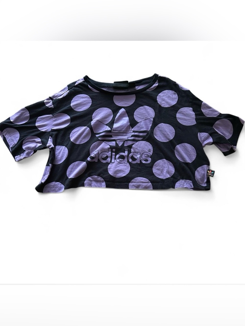Adidas x Pharrell Williams Dear Beas. black crop top with purple polka dots